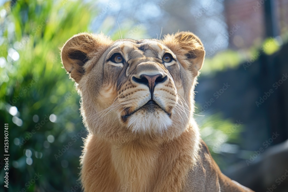 Canvas Prints A close-up shot of a lion's face with trees in the background, suitable for use in wildlife or nature-themed contexts