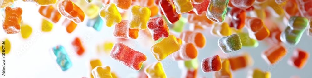 Poster a colorful cluster of gummy bears suspended from the ceiling, perfect for adding a playful touch to 