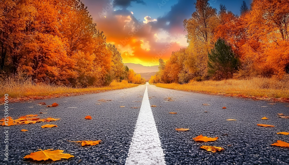 Poster Endless highway during vibrant sunset with dramatic clouds over vast landscape