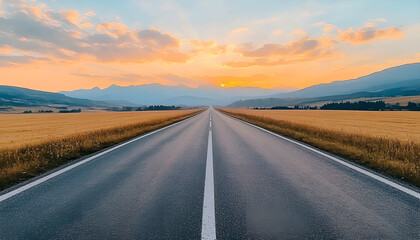 Fototapeta premium Endless highway during vibrant sunset with dramatic clouds over vast landscape
