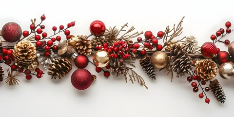 Christmas Garland On White Background With Some Red Ball 
