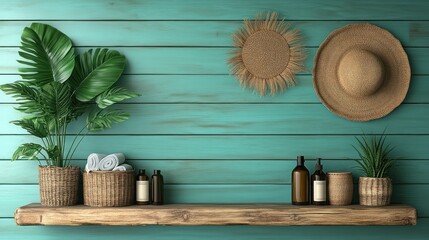 Serene Coastal Bathroom Shelf Decor: Tropical Plants, Woven Accents, and Relaxing Ambiance