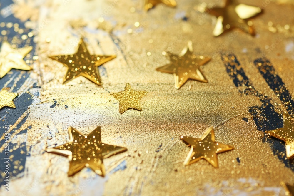 Poster a close-up view of several gold stars on a table, ideal for use in party or celebration scenes