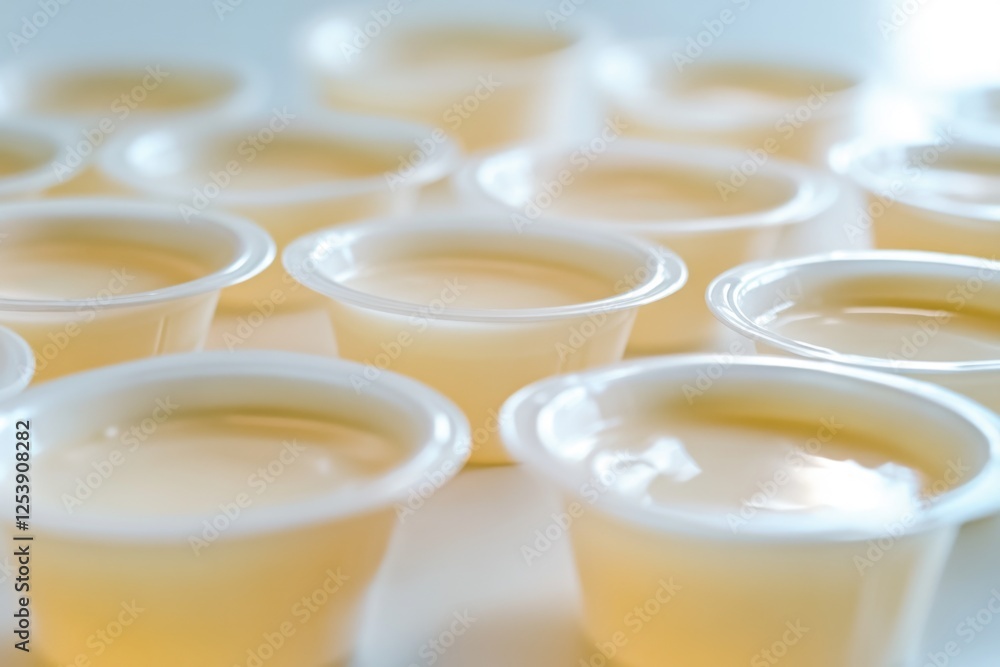 Poster A table setting with plastic cups containing various liquids, ideal for use in illustrations about science experiments, chemistry classes or educational materials