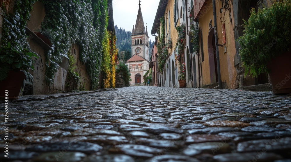 Poster a cobblestone street scene with a clock tower in the background, ideal for use in urban or historica