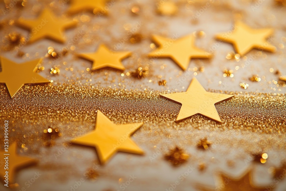 Poster a close-up view of several shiny gold stars arranged on a table