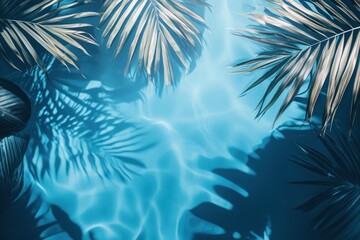 Tropical pool with palm leaves casting shadows.