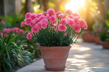 Obraz premium Potted pink carnations a garden setting bright sun lush green foliage fresh air