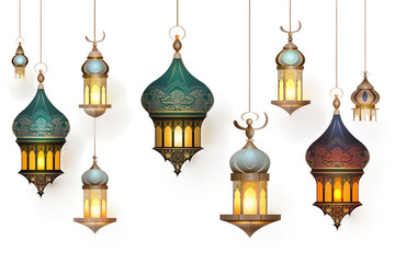 Obraz premium Elegant and intricate Ramadan Kareem greeting card set template, capturing the spirit of Ramadan in Islamic art and design isolated on transparent background