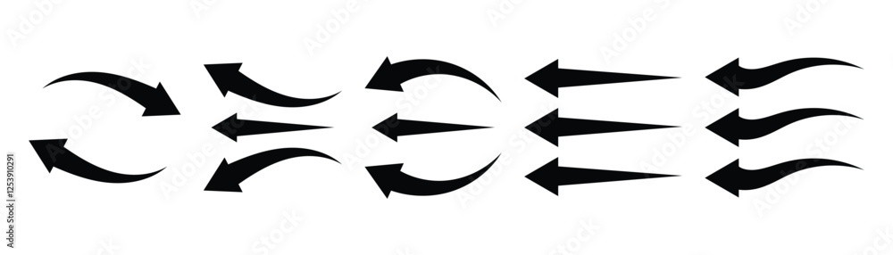 Poster black arrows set. set of different arrow showing wind air flow isolated on white background. arrow i