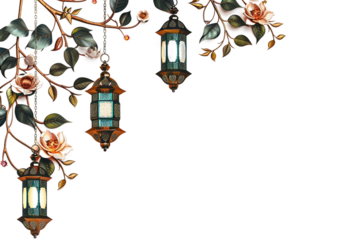 Artistic Islamic greeting card template with "Ramadan Kareem" in decorative script and vibrant colors isolated on transparent background