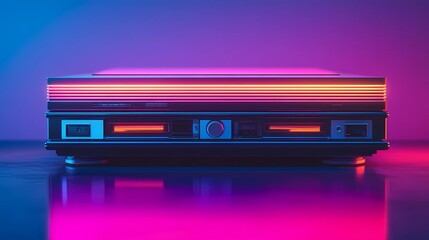 Futuristic items in retrowave style, neon lights and bold colors, evoking 80s nostalgia, drawn in comic book style