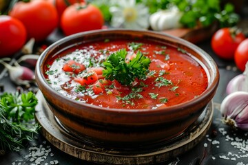 Traditional borscht in ornate bowl, topped with herbs. Neural network AI generated