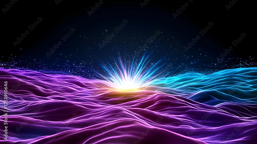 Poster colorful abstract wave pattern with light burst in digital space
