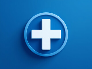 Obraz premium Blue circle and white plus symbol, 3D icon with isolated blue background Medical symbol