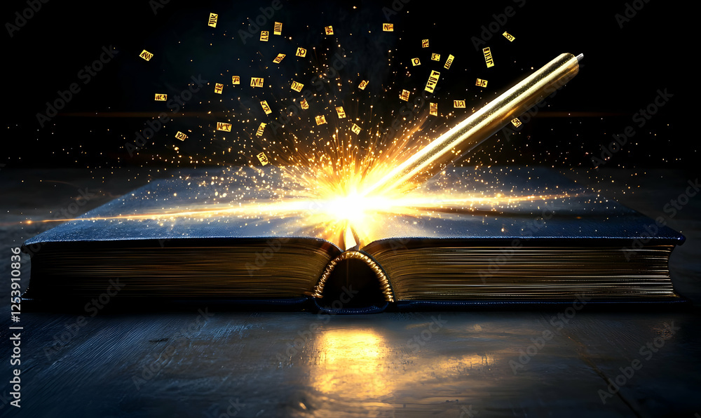 Poster magic pen creating light and letters from open book on dark background