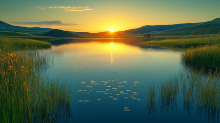 Fototapeta premium Beautiful sunset over a calm lake with golden reflections