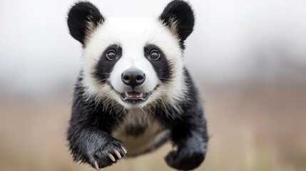 Obraz premium Adorable baby panda leaping in mid-air, natural habitat, wildlife portrait