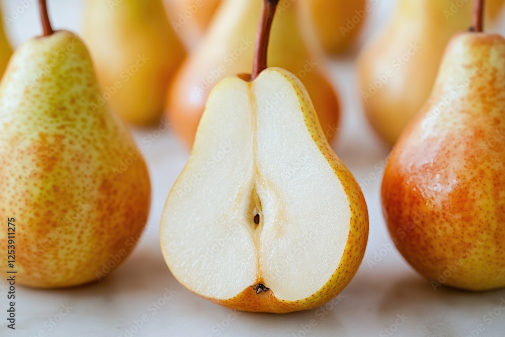 Poster a still life image featuring a group of pears sitting on a table