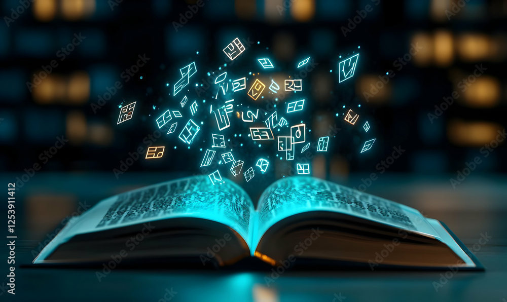 Poster glowing open book with floating symbols in dark library background
