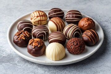 Delicious chocolate truffles decorated with pecan nuts and stripes on a plate