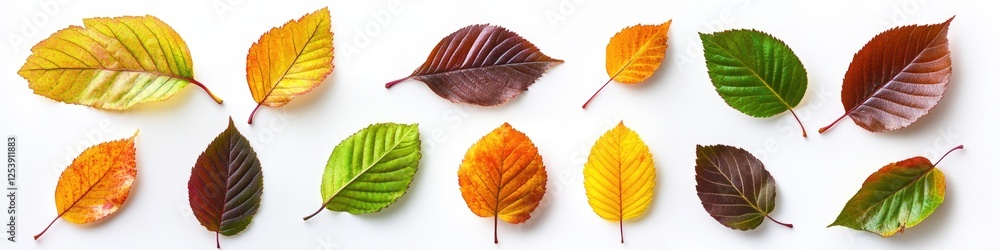 Poster a collection of differently colored leaves arranged on a white surface