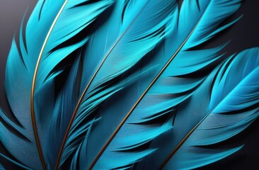 Fototapeta premium A composition of bright blue feathers with gold veins on a dark background. Detailed texture and play of light create an effect of elegance and luxury. Suitable for backgrounds, decor, design