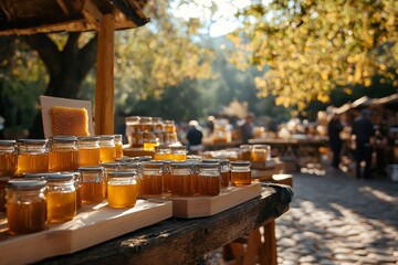 Sunlit honey jars at outdoor market stall