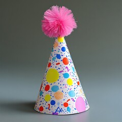 A colorful party hat featuring a bright pink pom pom on top, perfect for birthday celebrations or theme parties