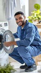 A smiling man in blue work is repairing the washing machine at home
