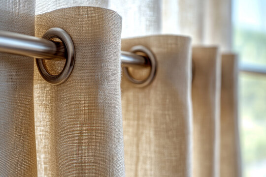 Beige linen curtains with metal eyelets on curtain rod