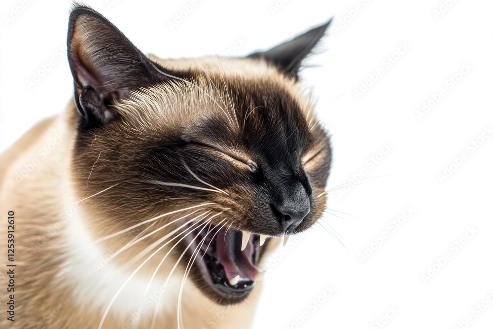Poster Close-up of a curious cat's face with its mouth open, suitable for use in pet-related or funny image collections