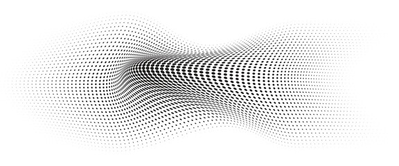 Fototapeta premium Flowing Wave Dot Halftone Pattern: Curve Gradient Shape on Transparent Background. Suitable for AI, Tech, Network, Digital, Science, and Technology Themes.