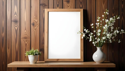 wooden frame with flowers on a wooden wall