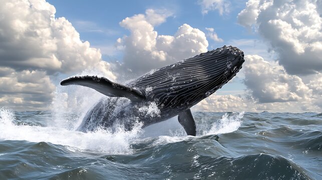 Towering humpback whale pirouetting massive waves stormy mountain reflections forming motion masterpiece