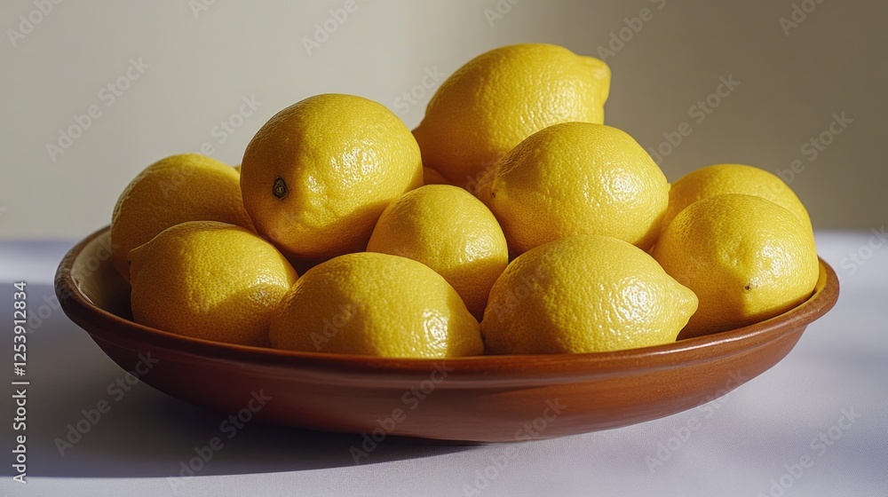 Poster a bowl of lemons resting on a table, awaiting use or display