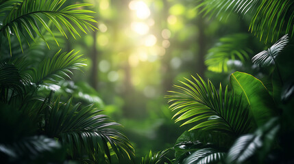 Lush tropical jungle with sunlight filtering through dense green leaves
