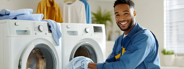 A smiling man in blue work is repairing the washing machine at home
