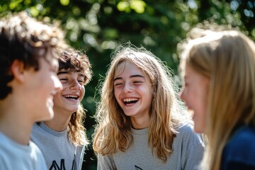Obraz premium A group of young people stand together, smiling and laughing