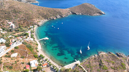 Aerial drone photo amazing landscape and paradise beaches in fjord shaped island of Fournoi Ikarias ensuring and relaxing vacations untouched by tourism, North Aegean sea, Greece