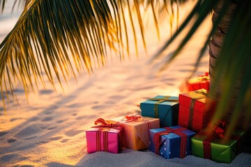 Colorful gifts scattered on the shoreline
