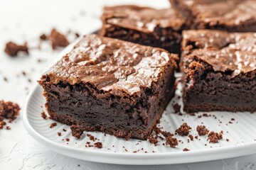 Decadent chocolate brownies on white plate. Neural network AI generated