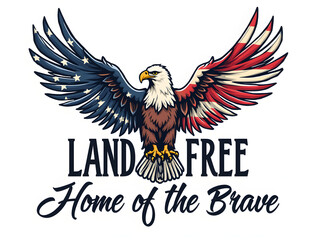 Powerful bald eagle spreading wings against patriotic backdrop, symbolizing national pride and liberty