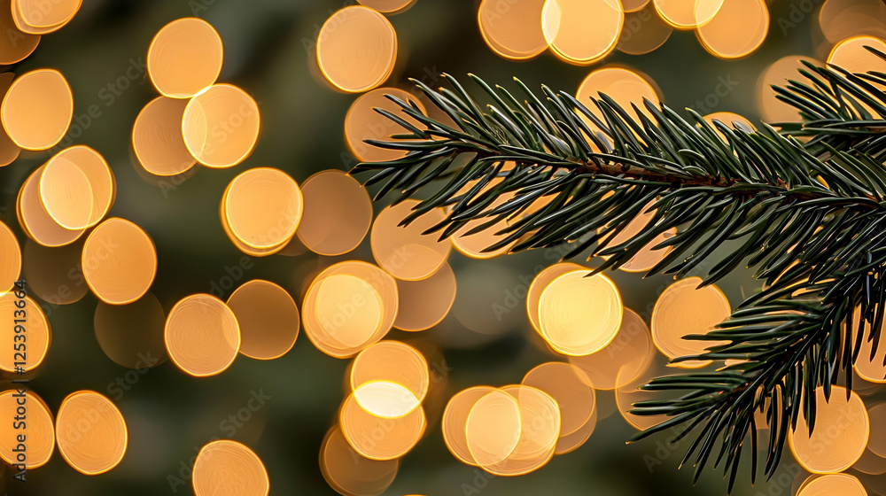 Poster pine branch against soft golden bokeh lights in background