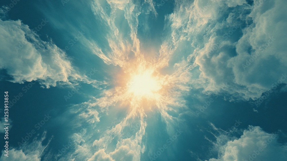 Poster a dynamic and captivating view of a bright sunburst through a textured cloudscape