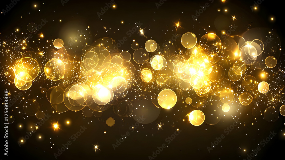 Poster sparkling golden bokeh with shimmering lights on dark background
