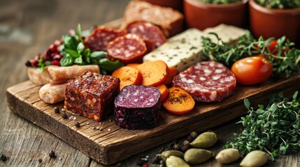 A wooden cutting board featuring a variety of dishes, including fruits and cheeses