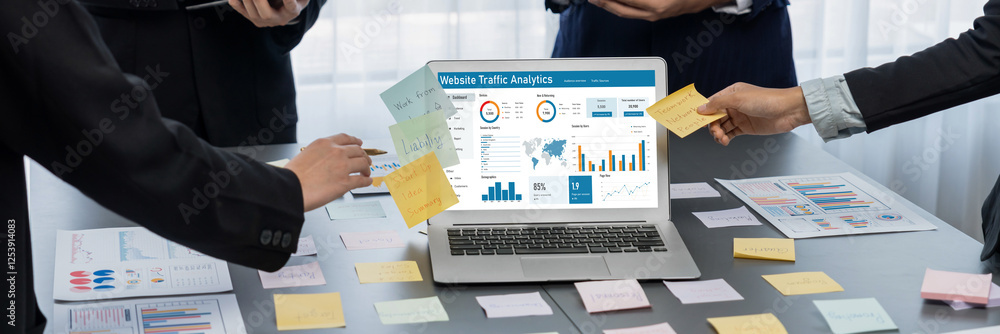 Poster computer software for website traffic analytics data on computer screen. concept of seo search engin