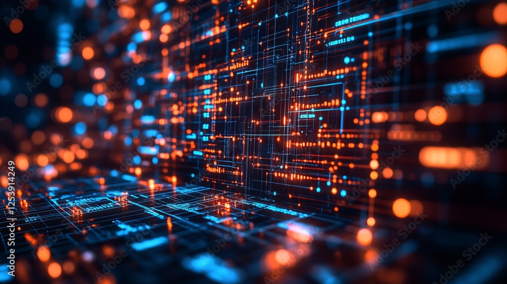 Poster abstract digital network technology background orange blue glowing lines futuristic data stream inno