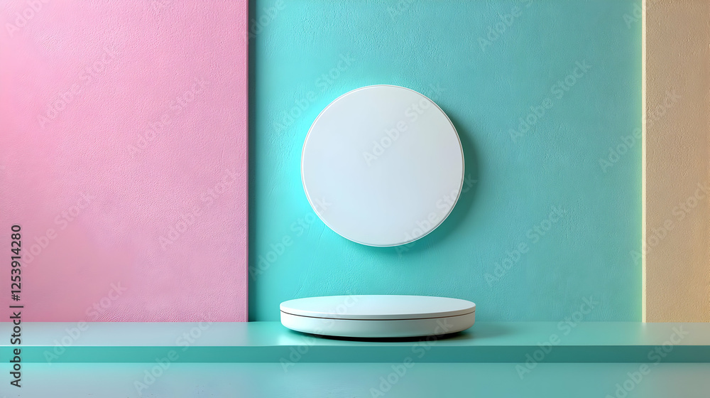 Poster minimalistic display with floating circular platform and colorful background